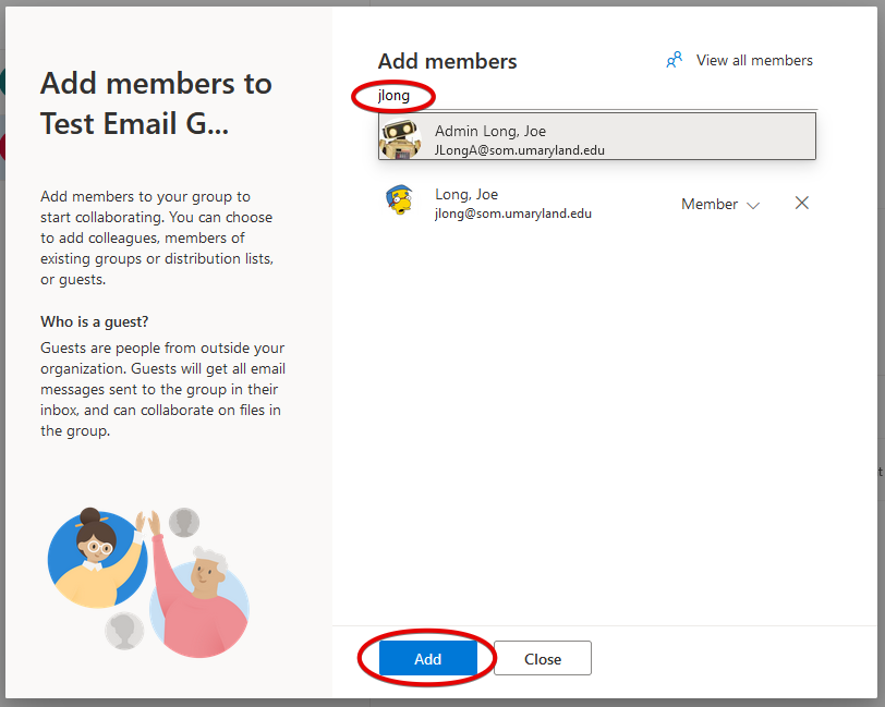 Screenshot of Outlook in a Browser Add Members