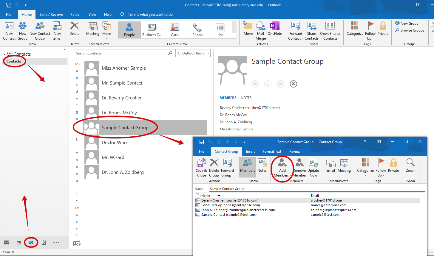 Screenshot of Outlook Contacts