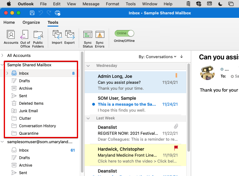 Screenshot of Outlook for Mac