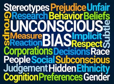 Word cloud with Unconscious Bias in the middle. Other words included are stereotypes, prejudice, unfair, groups, research, behavior, beliefs, measure, implicit, subtle, reaction, respect, corporations, decisions, race, people, judgments, social, subconscious, hidden, ethnicity, cognition, preferences, and gender.