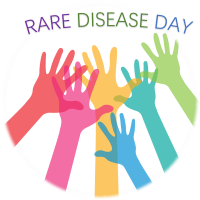 Rare Disease Day with red, yellow, pink, teal, and green hands below