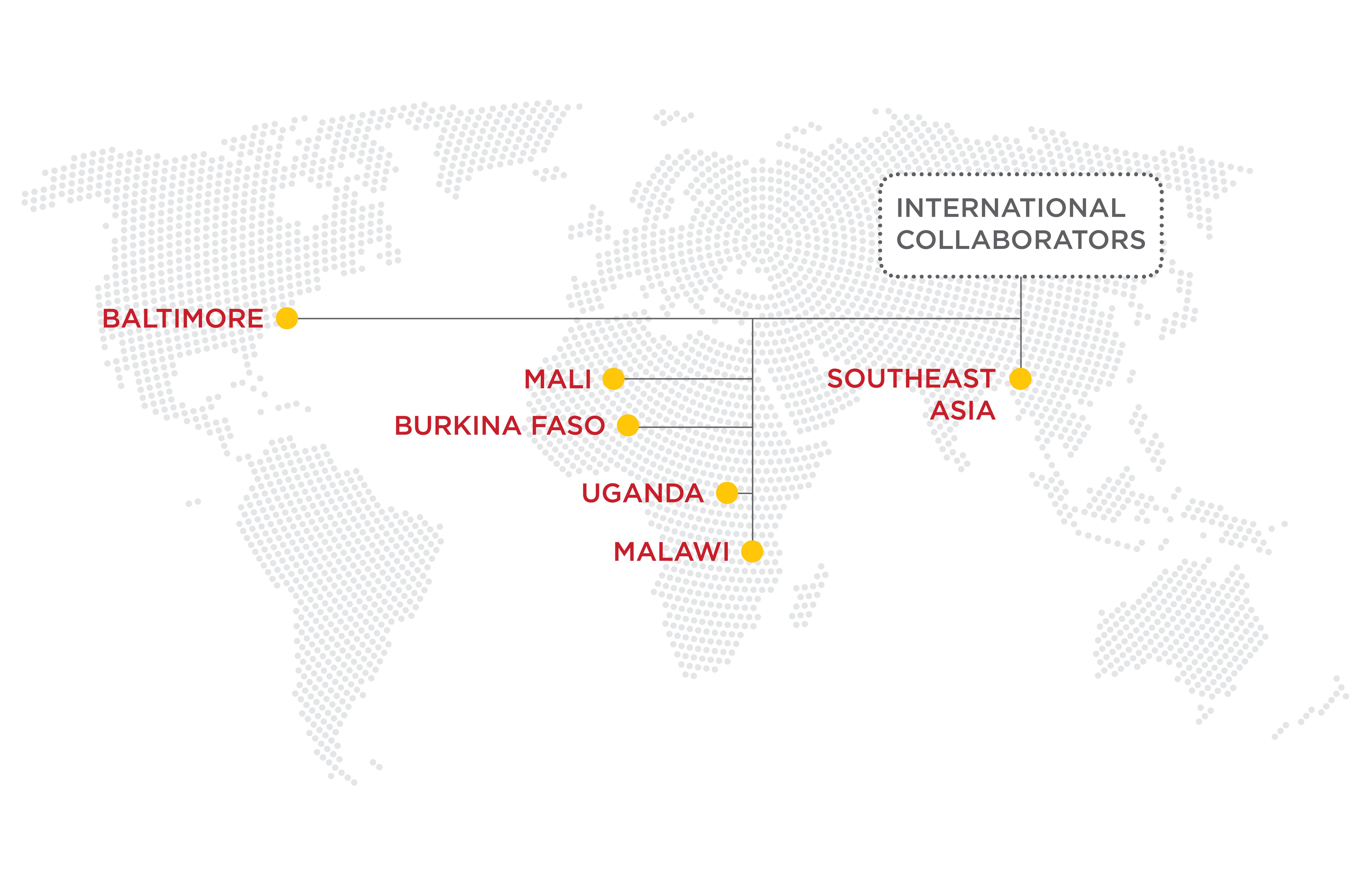 A map showing where international projects affiliated with the CVD have been initiated