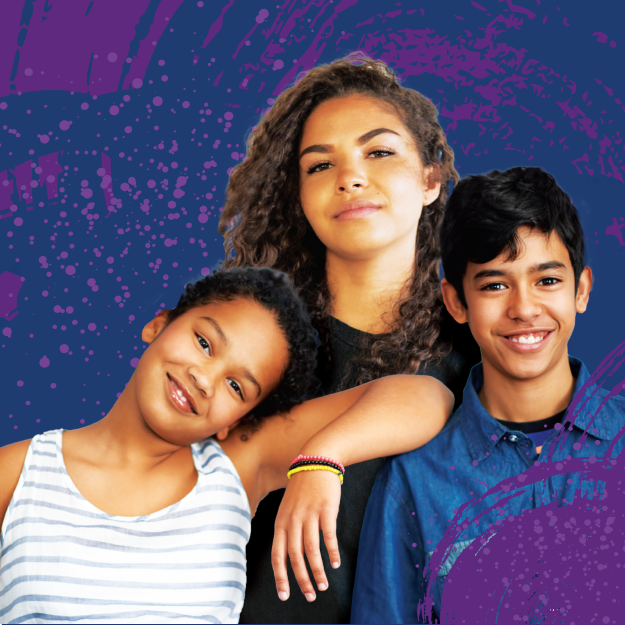 Three people on a purple background