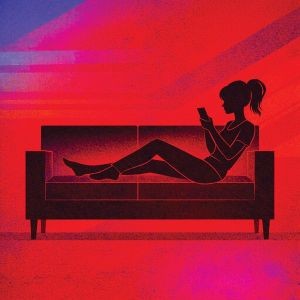 Graphic of woman sitting on couch looking at phone