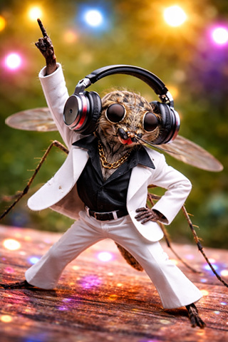 Mosquito with headphones wearing a disco-style suit