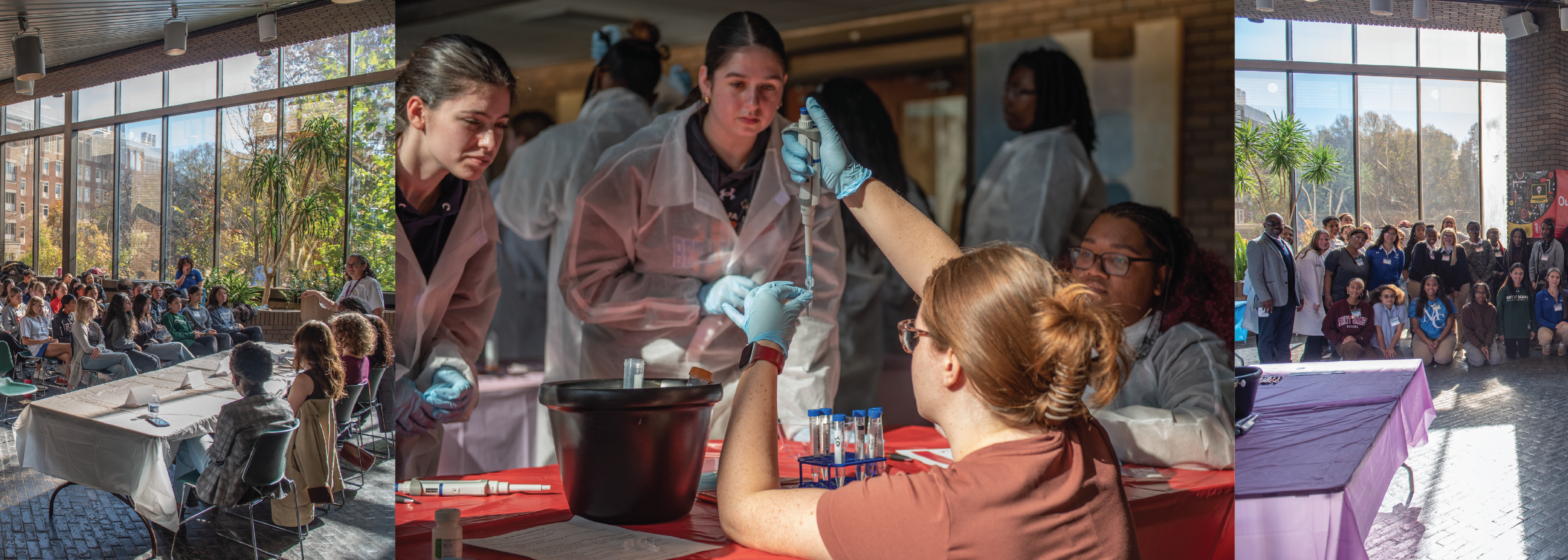A panel of women speaking to a crowd; a scientist demonstrating pipetting, a crowd of students