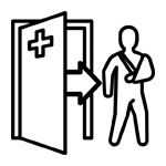 Icon of a person with an arm in a sling walking out of a medical office