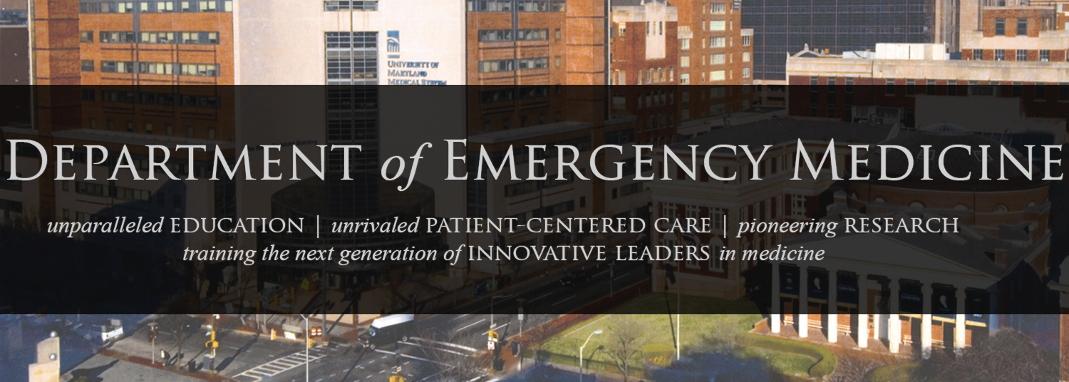 Photo banner with background image of UMMC Downtown Hospital with text of Emergency Medicine Mission overlaid
