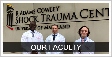 Text; Faculty Background: three faculty members with lab coats in front of ER
