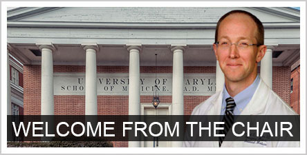 Dr. Michael Winters in front of Davidge Hall - Text: Welcome from the Chair
