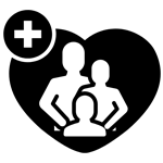 Icon of a family within a heart with a red cross health sign on top