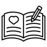 Icon of a open journal with a heart on the top of the page and a pencil