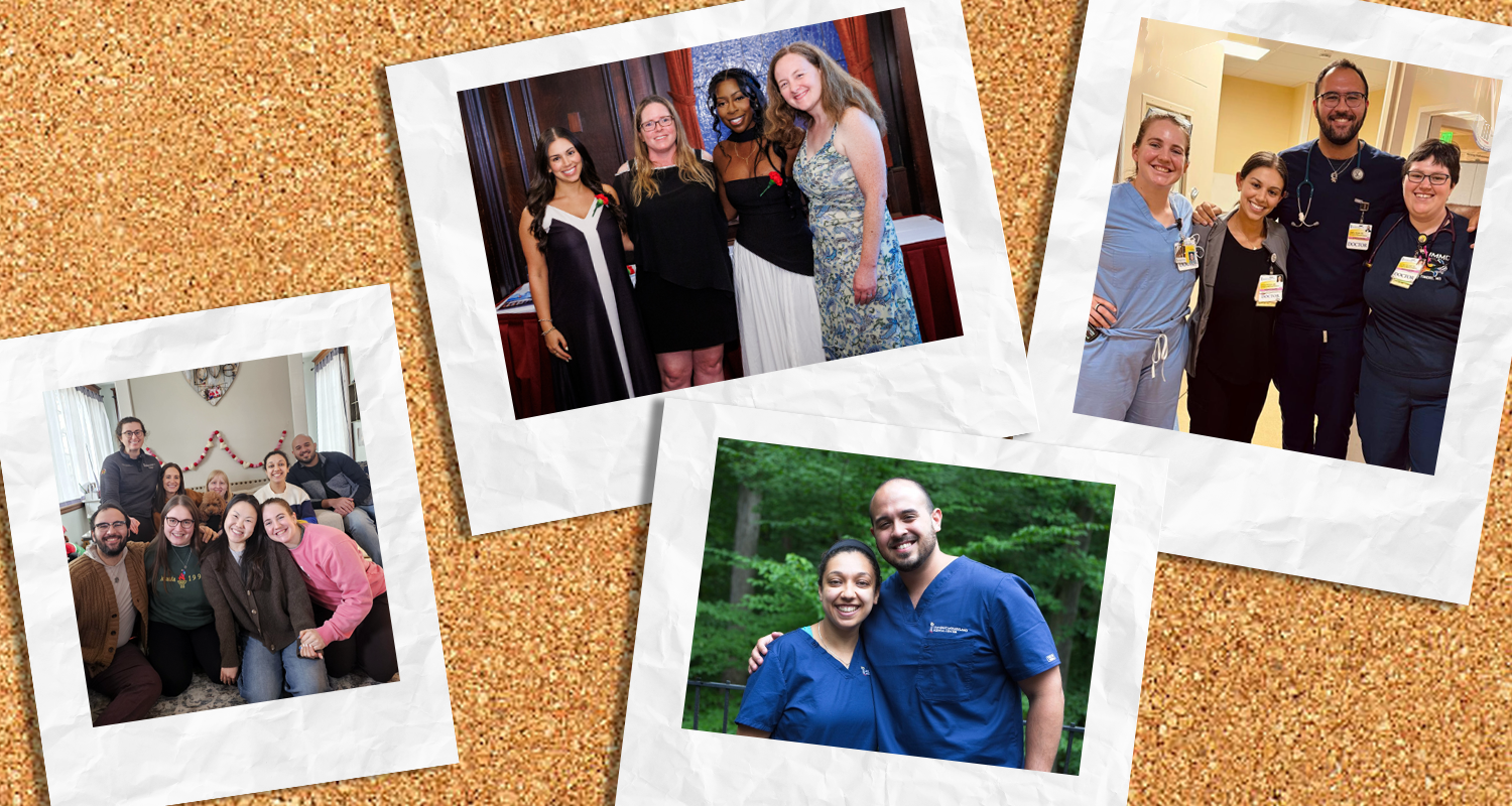 Photo banner with images of EM-Peds residents in the hospital and around Baltimore