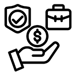 Icon of hand, money sign, check mark, and briefcase