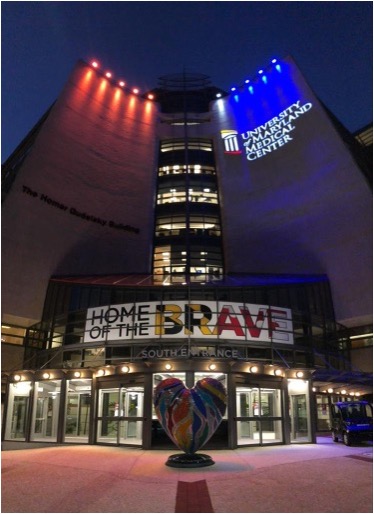 UMMC Downtown campus lit up at night
