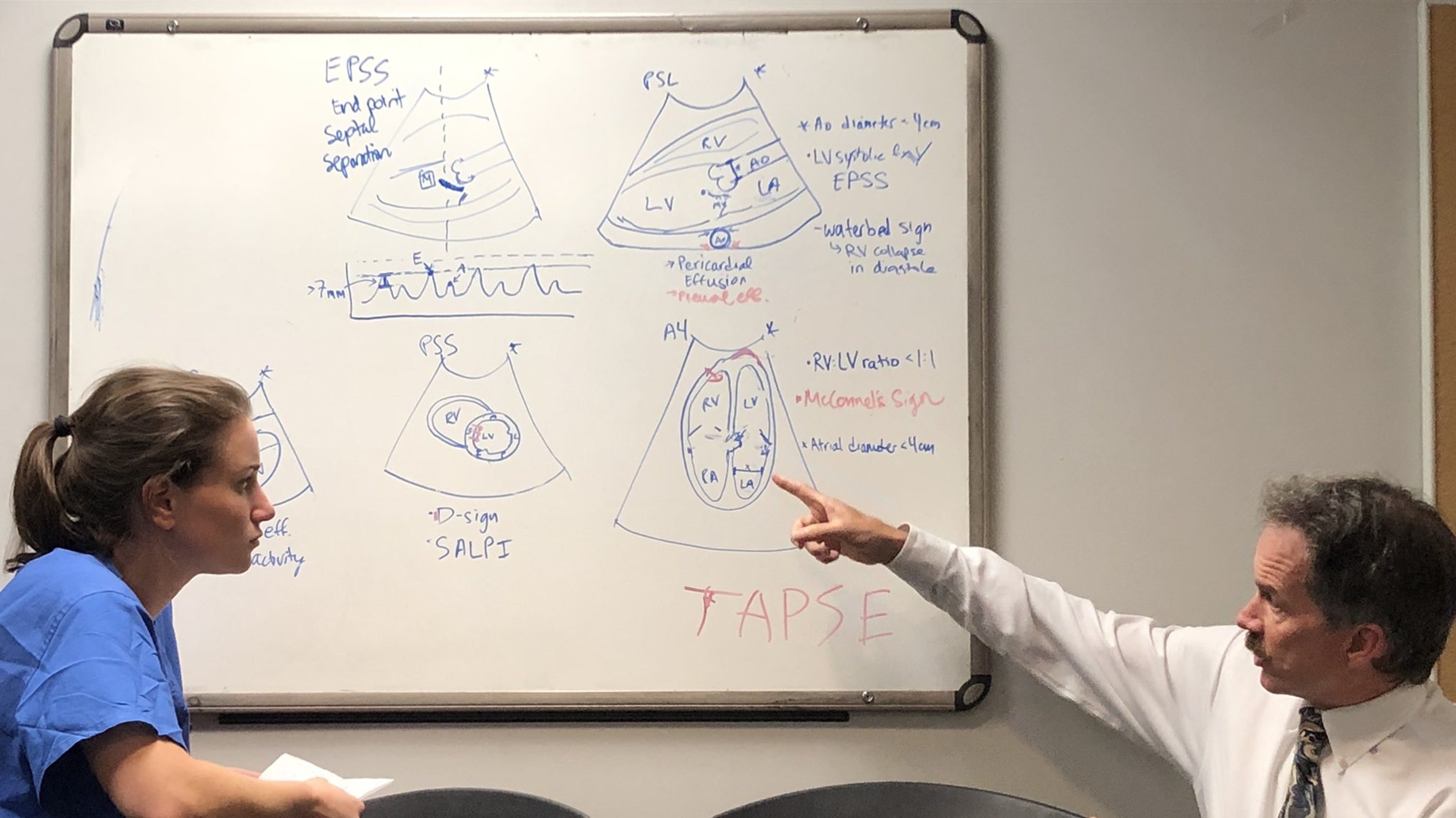 Picture of a physician teacher at a white board teaching a student about ultrasound techniques