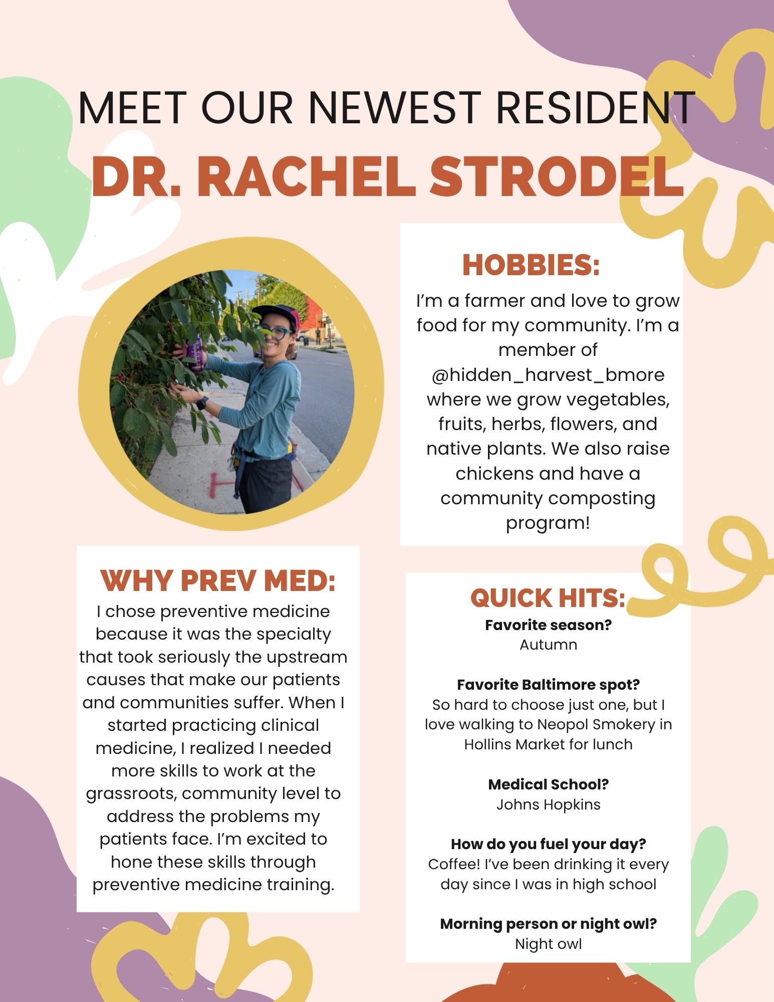 A graphic listing hobbies and other short answers about Dr. Rachel Strodel, one of the newest Preventive Medicine Residency residents