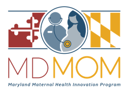 An icon of a pregnant woman in the center of the Maryland flag. The letters read MDMOM.