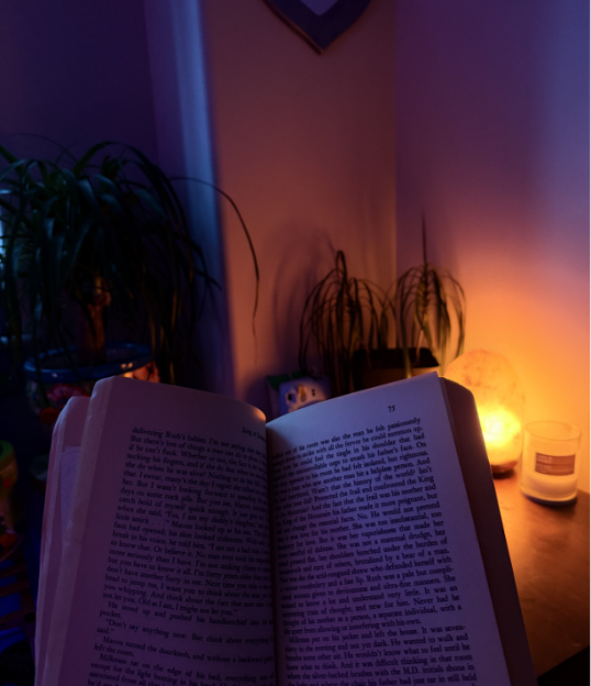 A book in a dimly lit room