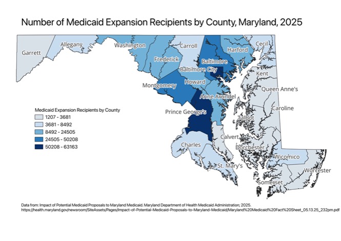 A chart showing the Number of Medicaid Expansion Recipients by County in Maryland in 2025