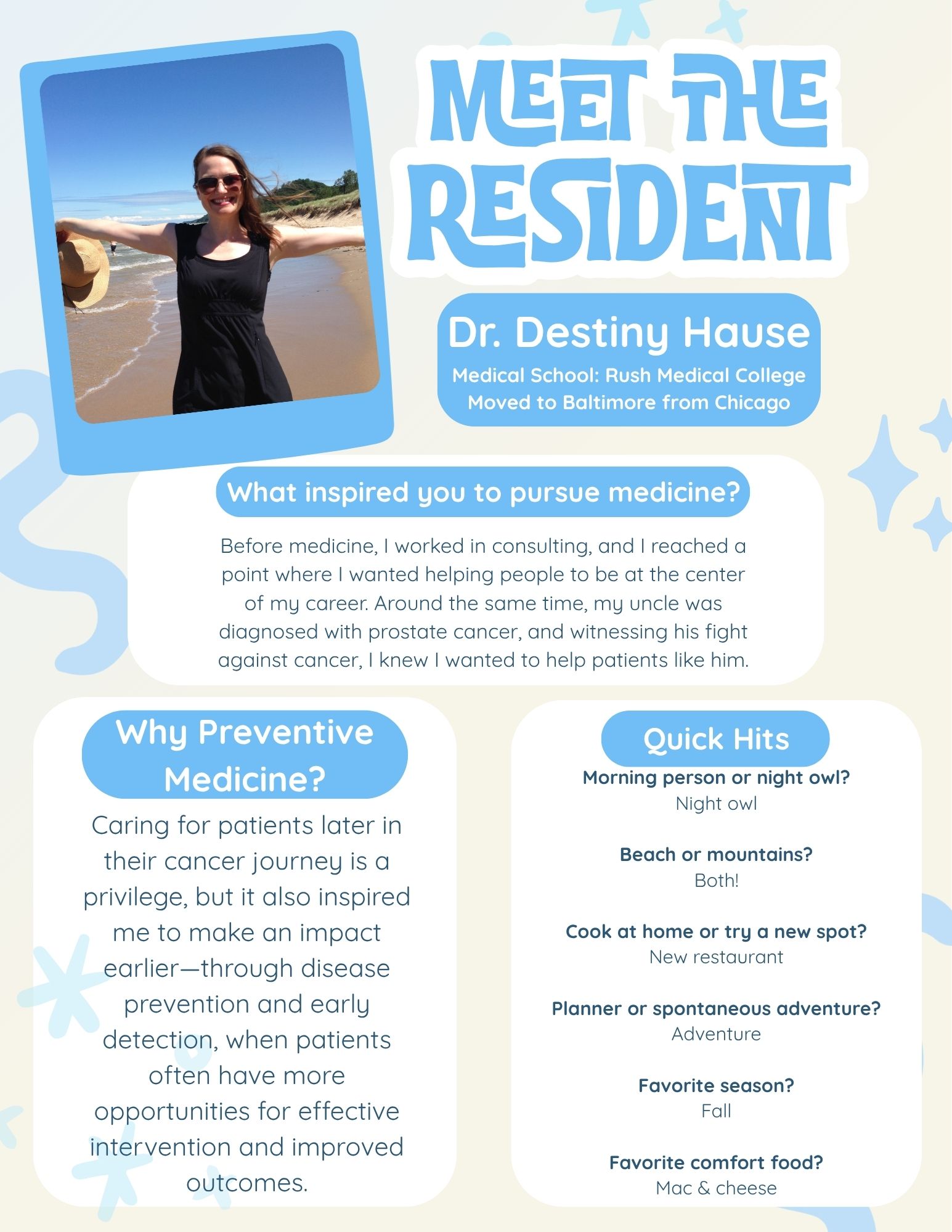 A flyer with get-to-know-you facts about Dr. Destiny Hause
