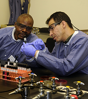 Two students using a microscope