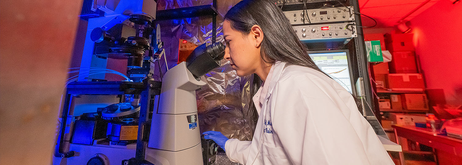 Woman researcher looking into a microscope