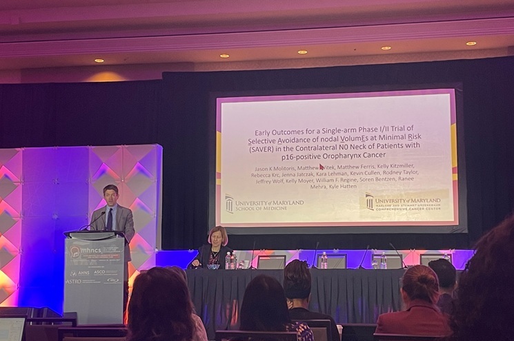 Jason Molitoris, MD, PhD, presenting at the 2024 ASTRO Multidisciplinary Head and Neck Cancers Symposium