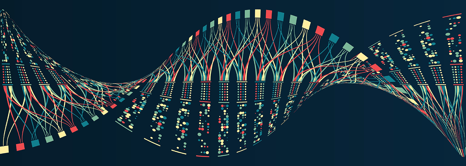 Abstract illustration of interconnected data streams forming a DNA-like double helix with colorful dots, lines, and geometric shapes.