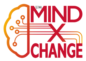 MIND X-CHANGE logo showing an orange and red brain with five connected dots