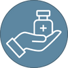 icon of a hand holding a prescription in white outline over a blue-grey circle