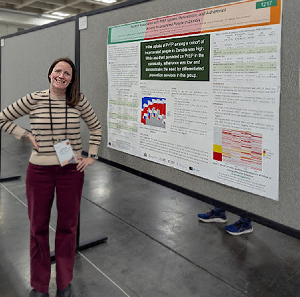 Brianna Lindsay, MPH, PhD in front of Factors Associated with PrEP Uptake, Persistence, and Adherence Among Incarcerated People in Zambia poster at CROI.