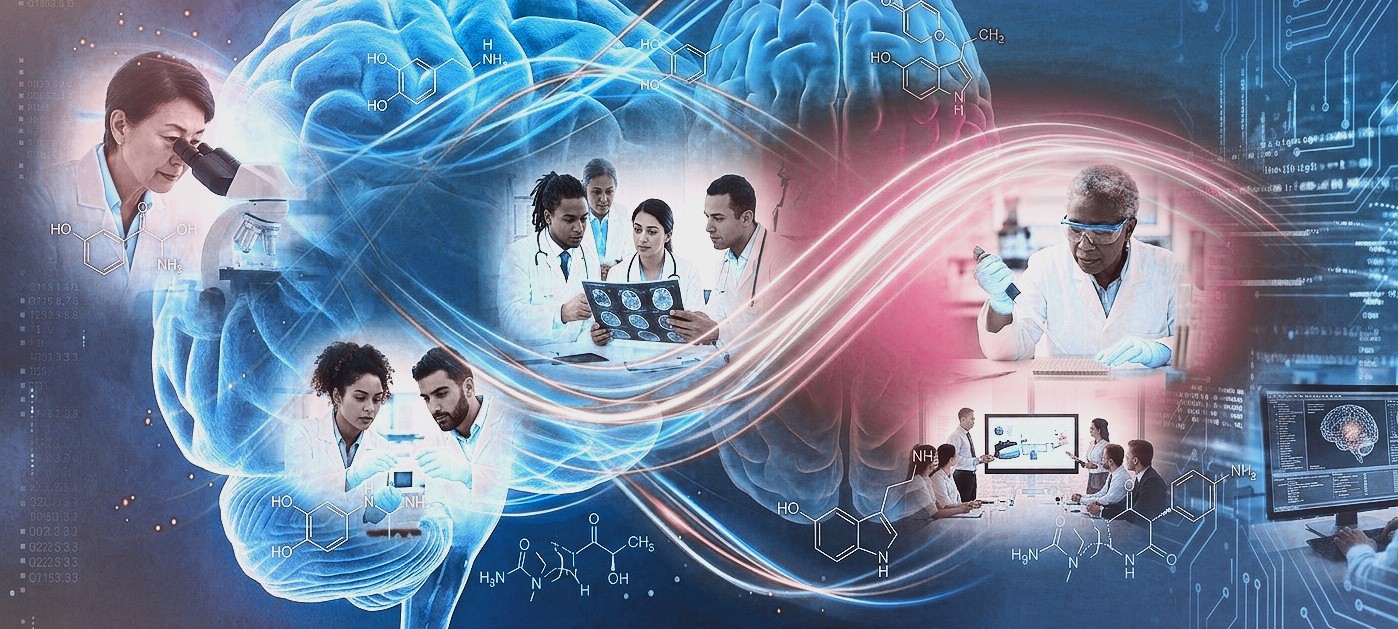 People conducting research above brain background