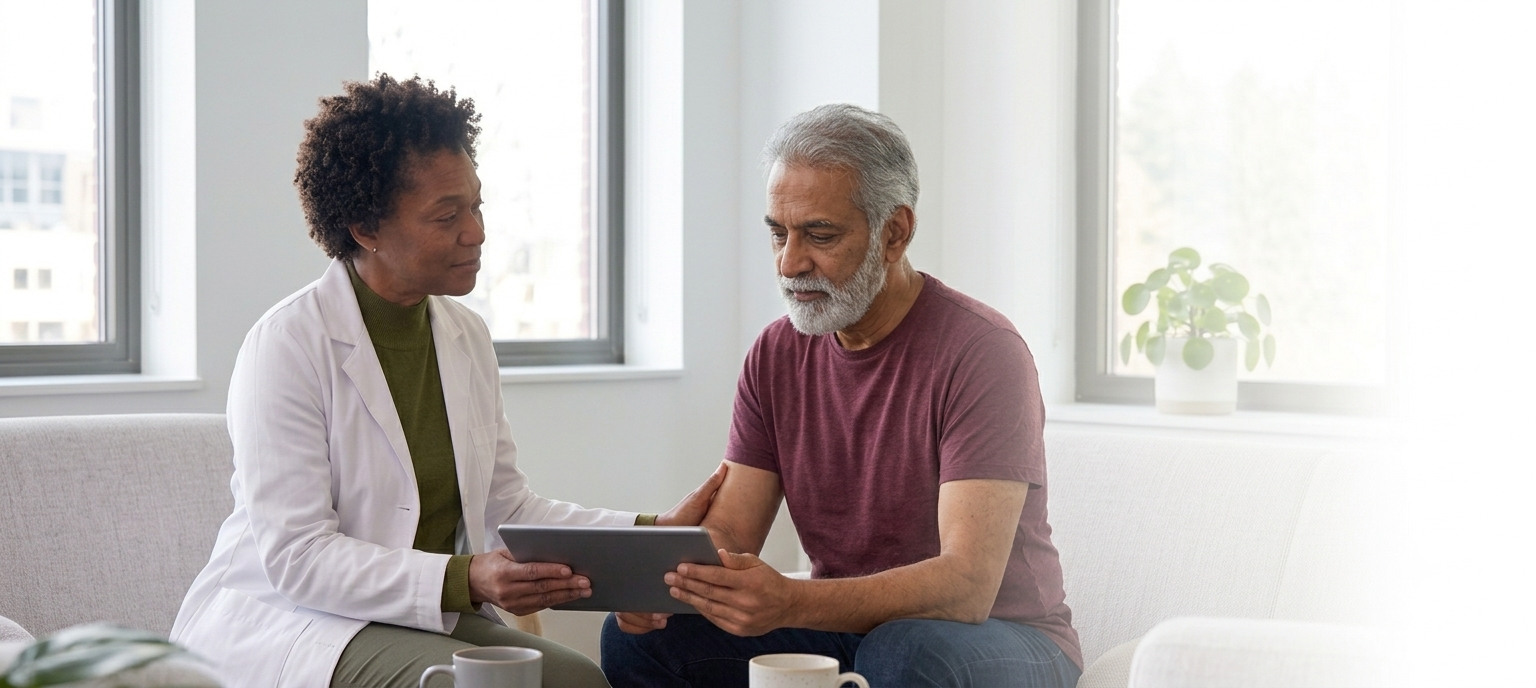 Psychiatrist talking to patient in comforting setting.