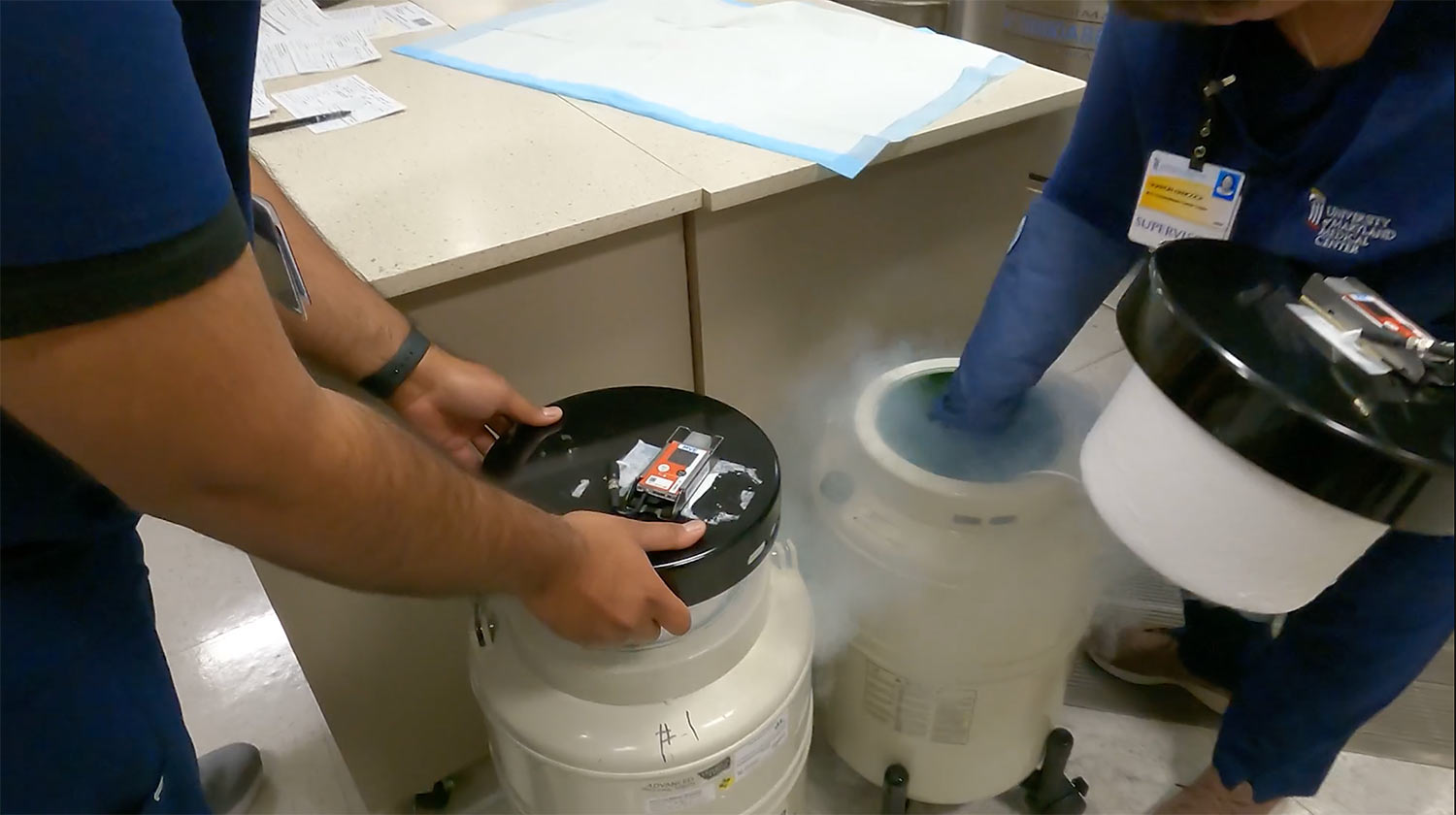 University of Maryland Medical Center employees remove Ceja’s reengineered cells from liquid nitrogen to continue her treatment.