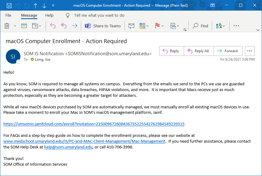 Jamf enrollment email