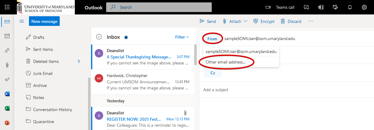 Screenshot of Outlook in a Browser