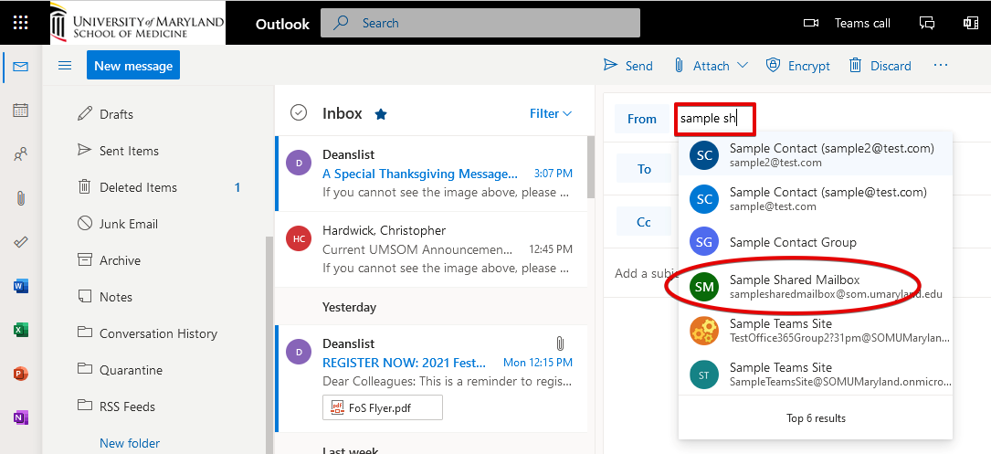 Screenshot of Outlook in a Browser