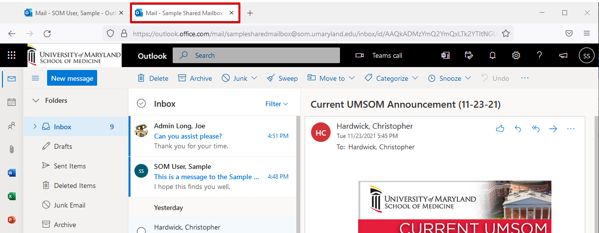 Screenshot of Outlook in a Browser