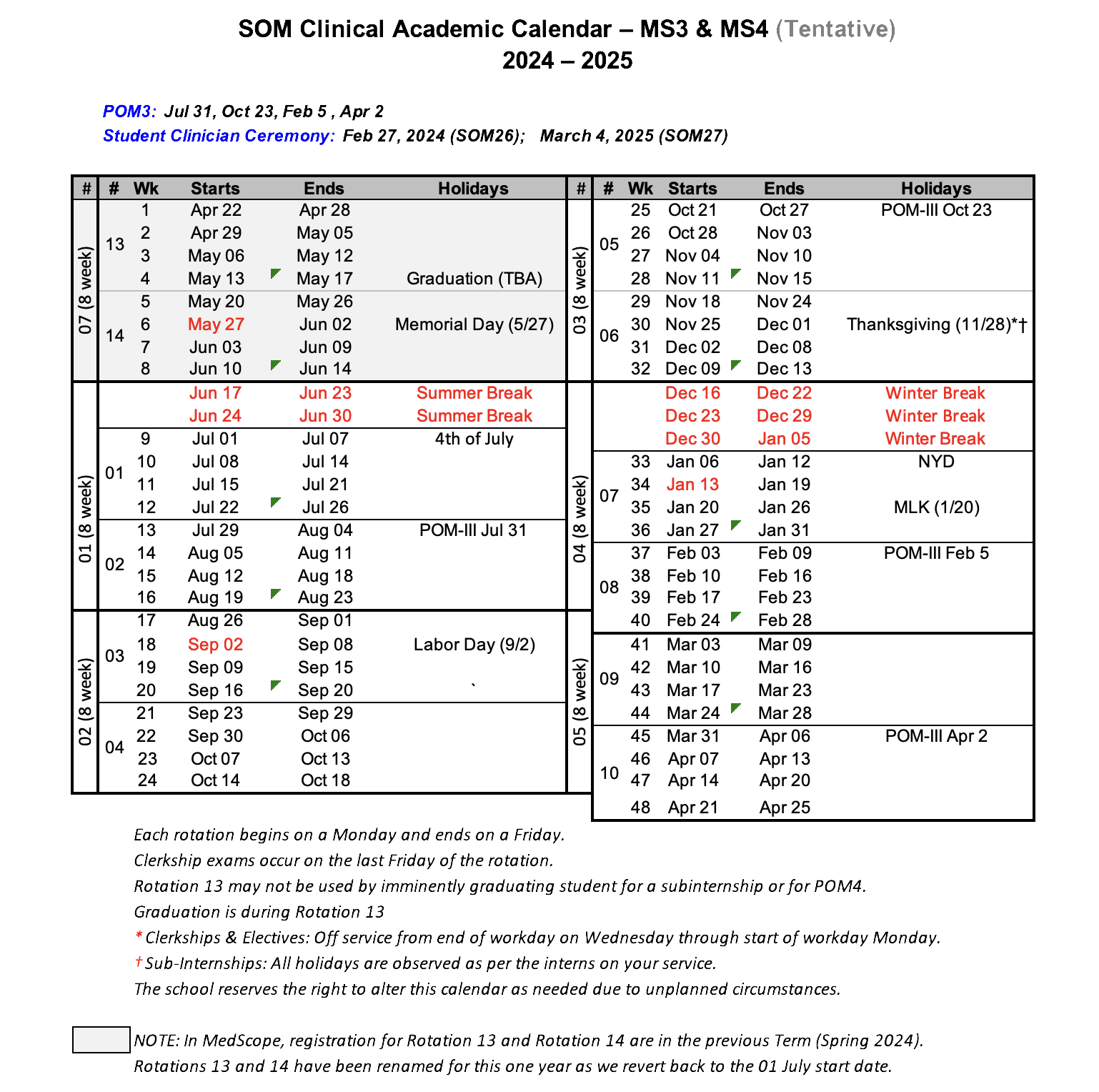 2024-2025 MS3-MS4 Academic Calendar