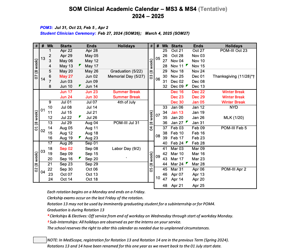 2024-2025 MS3-MS4 Academic Calendar