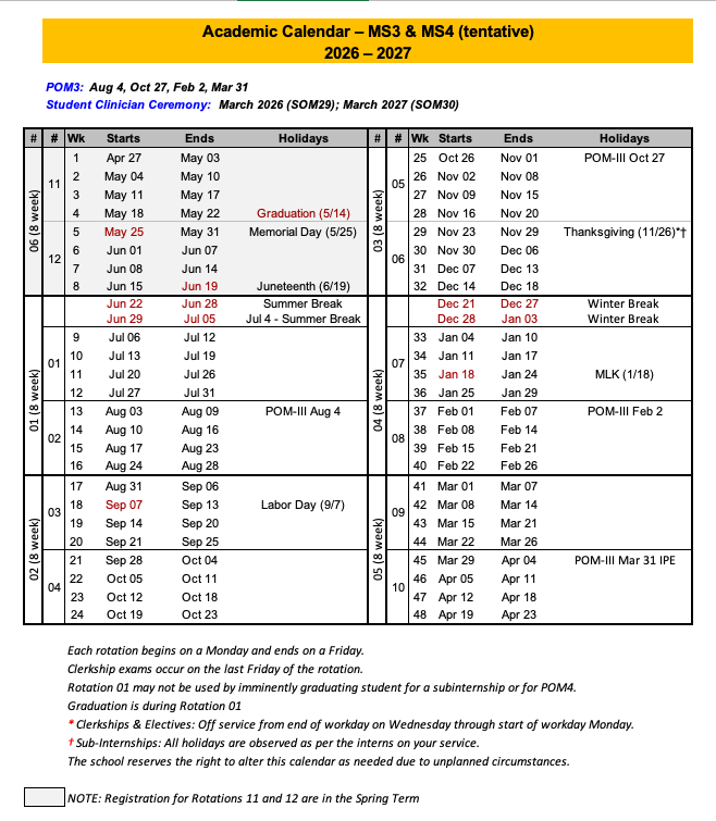 2026-2027 Clinical Academic Calendar