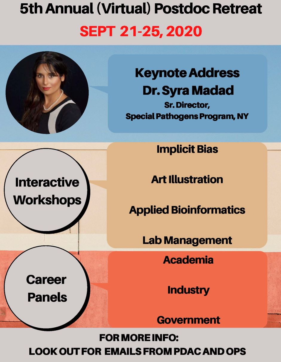 5th Annual (Virtual) Postdoc Retreat, Sept. 21-25, 2020. Photo of Dr. Syra Madad, Keynote Address, Dr. Syra Madad, Sr. Director, Special Pathogens Program, NY. Circle with Interactive Workshops inside: Implicit bias, art illustration, applied bioinformatics, lab management. Circle with 