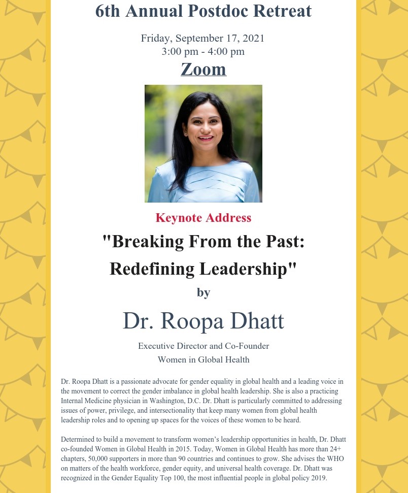 Dr. Roopa Dhatt is a passionate advocate for gender equality in global health and a leading voice in the movement to correct the gender imbalance in global health leadership. She is also a practicing Internal Medicine physician in Washington, D.C. Dr. Dhatt is particularly committed to addressing issues of power, privilege, and intersectionality that keep many women from global health leadership r