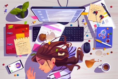 Illustration of a woman with her head down on a desk in front of an open laptop. There are candies, notes, a smartphone, headphones, a coffee cup, a plant, and other desk debris strewn around her.