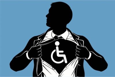 A silhouette of a man in an open black suit jacket pulling open a white button down shirt to reveal a tshirt with the handicapped symbol