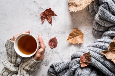 Top down view of gloved hands wrapped around a mug of tea, a blanket to the side,and fall leaves scattered