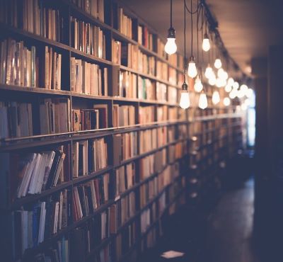 Dimly lit bookshelves