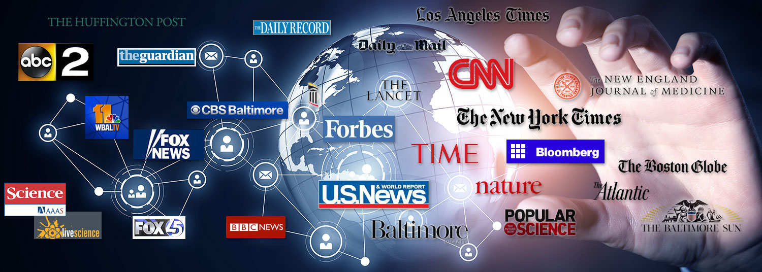 Earth background with logos from news outlets