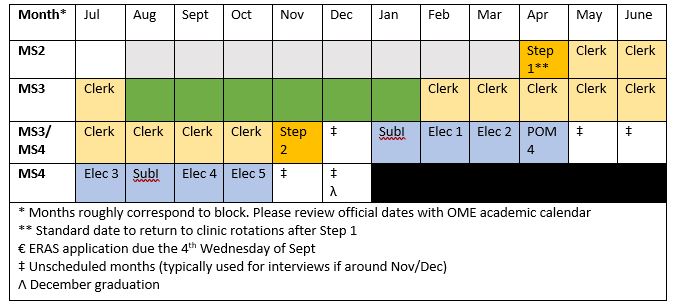 Chart outlining the curriculum for a MS3/MS4 student who will delay graduation